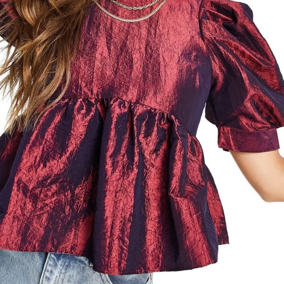 ASOS Metallic Bubble Puff Sleeve Taffeta Top Deep Red - Picture 10 of 10